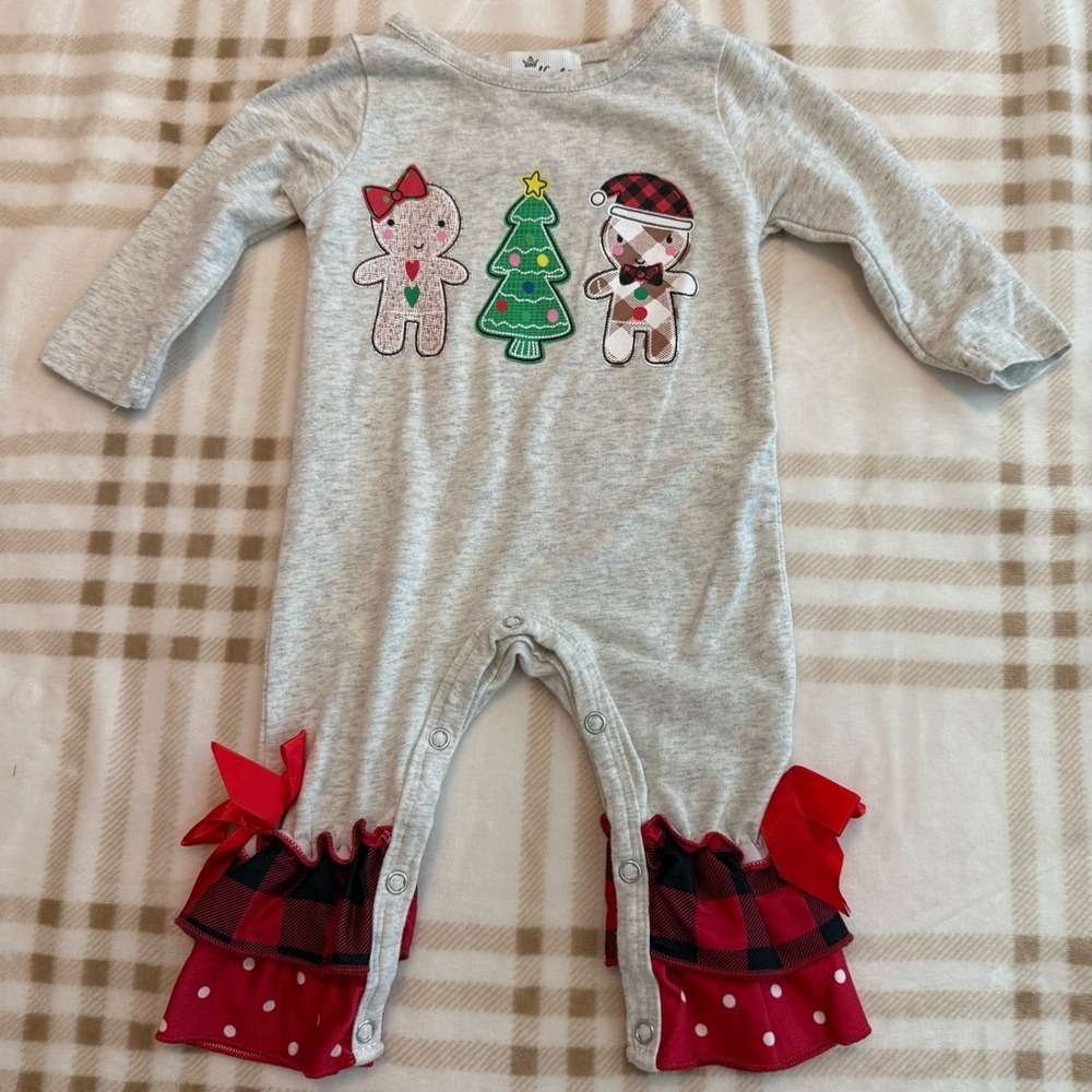 Marie Nicole Clothing Christmas Gingerbread Ruffle Romper Gray Red 0-3M